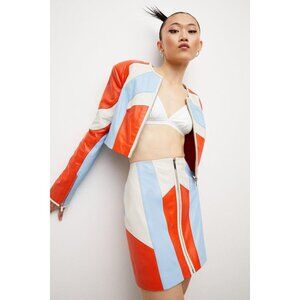 🌈RETRO FUNKY 90's VIBE🌈GENUINE LEATHER COLORBLOCK MOTO SKIRT IN ORANGE & BLUE
